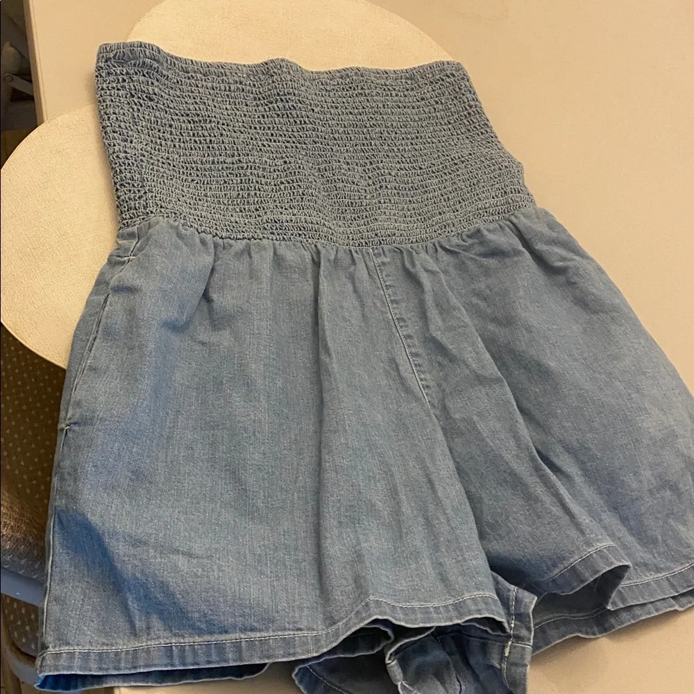 American Apparel Light Wash Smocked Denim Romper - Picture 1 of 4